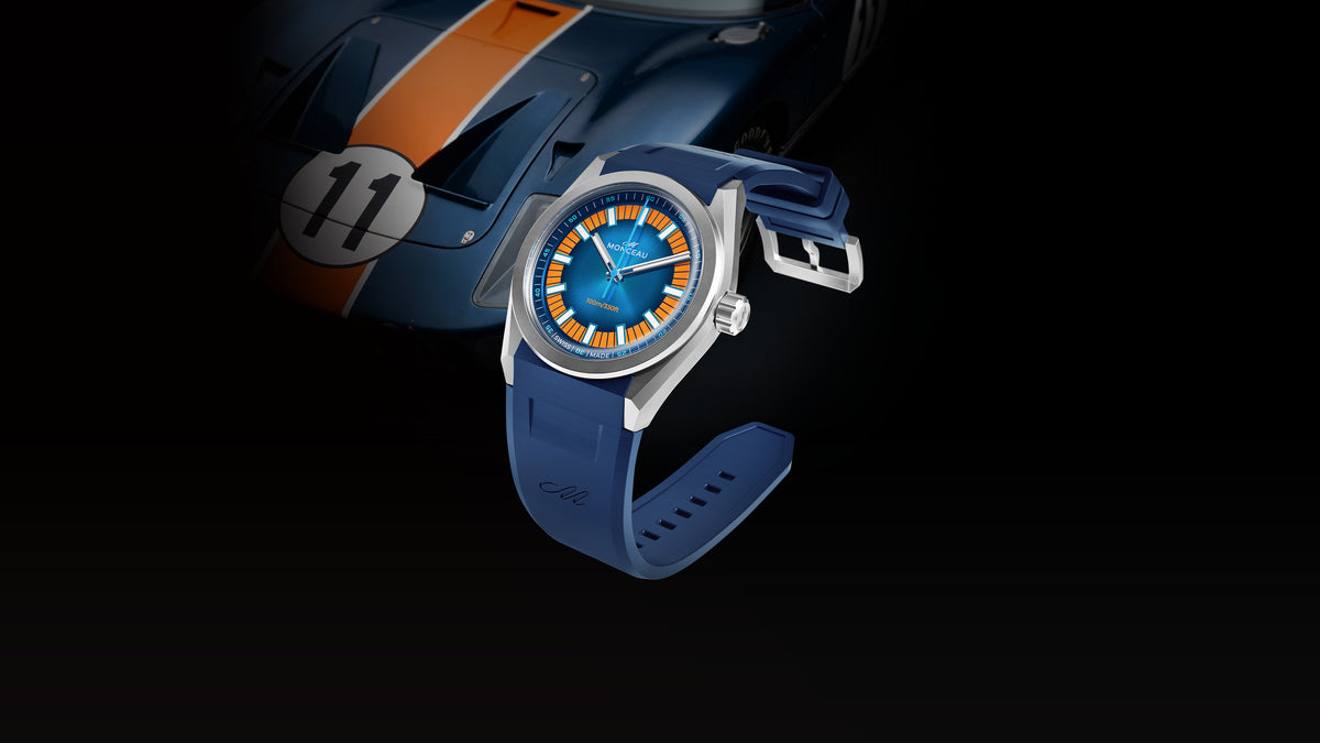 MONCEAU Model 01 GTS watch in Irion Azure inspired by Ford GT40 owned by Irion Grady Davis